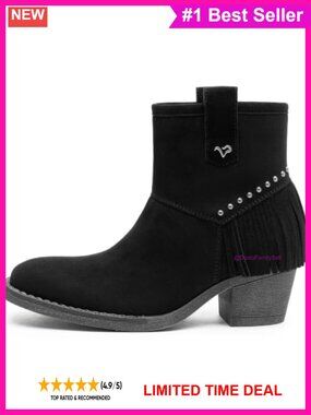 Faux Suede Fringe Ankle Booties Square Toe Block Heel